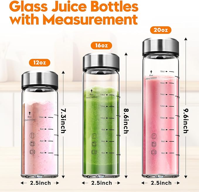 Glass Juice Bottles 16 oz-4 Pack Leak Proof Wide Mouth Water Bottle with Stainless Steel Lid & Sleeve - for Juicing, Smoothies, Infused Water, Beverage Storage, Eco-Friendly Borosilicate