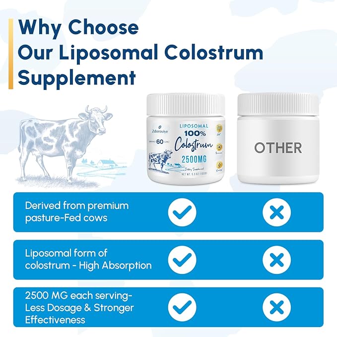 Liposomal Bovine Colostrum Powder Supplement 2500 mg, Higher Absorption Than Regular Bovine Colostrum (60 Servings)