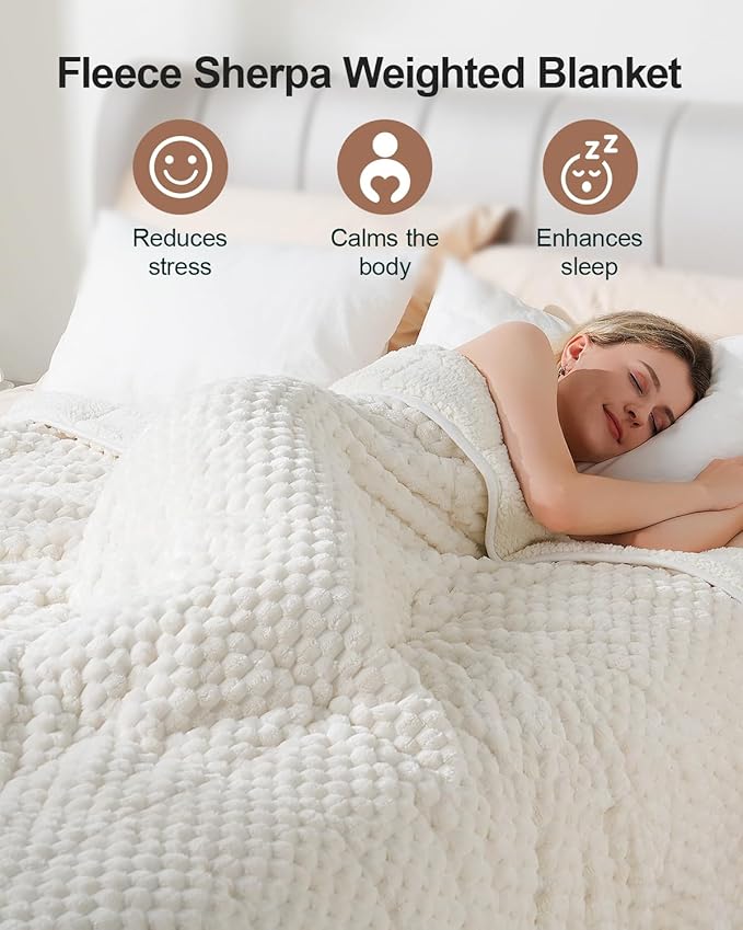 Super Soft Luxury Fleece Sherpa Weighted Blanket 15 lbs for Adults, Turtle Shell Fuzzy Cozy Warm Weighted Throw for Winter, Ceramic Beads Washable Heavy Blankets for Couch Bed, Cream White, 60"x80"