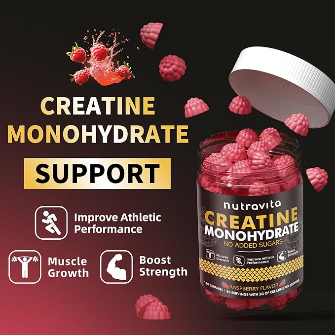 Nutravita Creatine Monohydrate Gummies for Men & Women-5g of Creatine Monohydrate per Serving - Sugar Free,Vegan, Raspberry Flavor, 120 Count