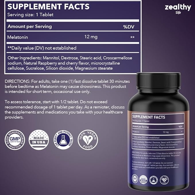 Melatonin 12mg Fast Dissolve Tablets – Natural Berry Flavor, 100 Count – Extra Strength Sleep Support for Adults – Non-Habit Forming, 100-Day Supply