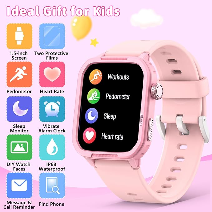 Kids Smart Watch for Boy Girl, Kids Watches with 19 Sport Modes, Heart Rate, Sleep Monitor, Pedometer, Alarm Clock, IP68 Waterproof Fitness Tracker, Gift for 6-16 Year Old Boys Girls Toys (Pink)