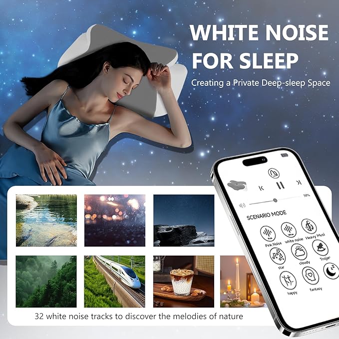 Smart Sound Pillow for Sleep,Tinnitus Sound Therapy & Bluetooth Pillow Speaker Ergonomic Neck Support for Shoulder Cervical Pain Relief,Relaxation and Deep Sleep,Comfortable Breathable,White