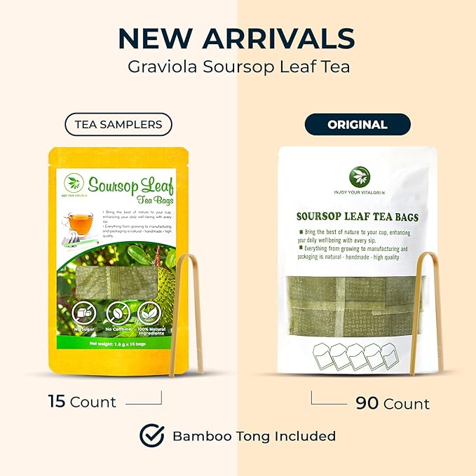 Soursop Graviola Leaf Tea Bags, 90 Count, Bamboo Tong Included, No Sugar Added, No Caffeine, Hoja De Guanabana, Re-Steep Morning Herbal Detox Tea for Relax, Refreshing & Pure Taste