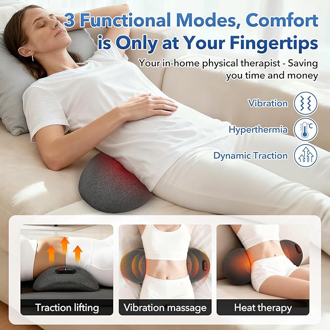 3-in-1 Multifunctional Battery-Powered Lumbar Pillow for beds and Chairs, Back Massager with Heating Massage and Stretching, deep Tissue Massager for Pain Relief