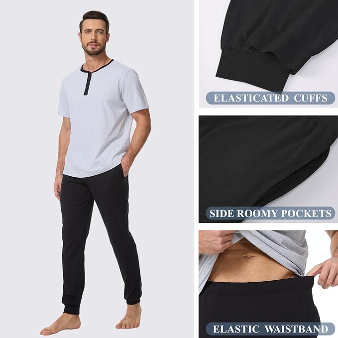 Men's Pajama Set with Henley Neckline 100% Cotton Soft and Comfortable Nightwear 2-Piece Lounge Set