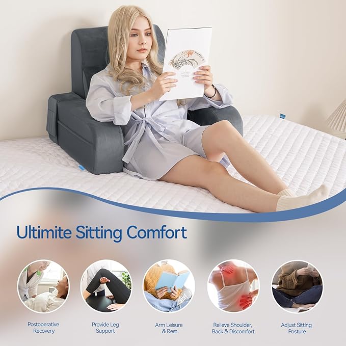 Kayfia Reading Pillow, 10 in 1 Back Pillow for Bed Sitting up with Detachable Arms Rest, Back Rest with Gel Memory Foam, Husband Pillow for Reading/Gaming/Working in Bed or Couch 21'', Gray