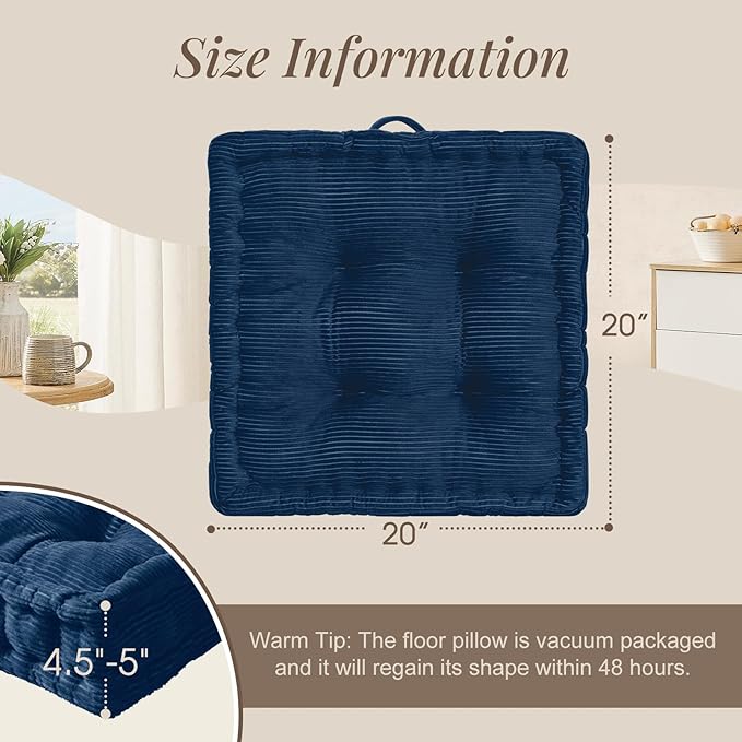 Square Floor Pillows for Adults Kids - Meditation Floor Pillow Seating Cushion - Tufted Floor Cushion with Shredded Foam & Velvet Cover, 2 Pack, 20x20 Inch, Dark Blue
