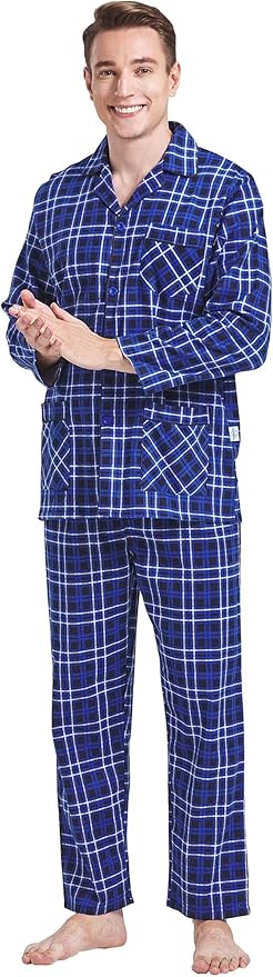 GLOBAL Men's Pajamas Sets 100% Cotton Flannel Sleepwear Long-Sleeve top & Bottom