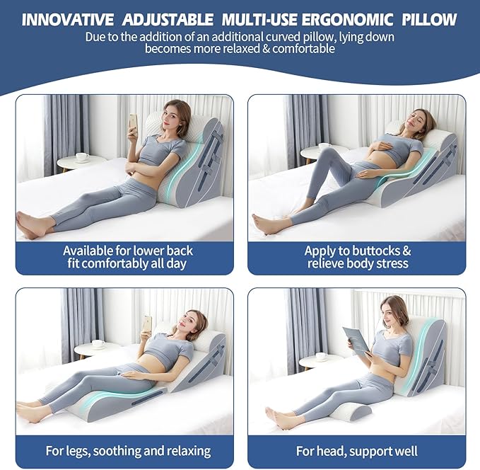 4PCS Orthopedic Bed Wedge Pillow Set with Full Memory Foam Waist Pillow, Wedge Pillow for Back Pain Relief, Adjustable Bed Wedge Pillow for Sleeping, Post Surgery, Leg Elevation, Acid Reflux & GERD