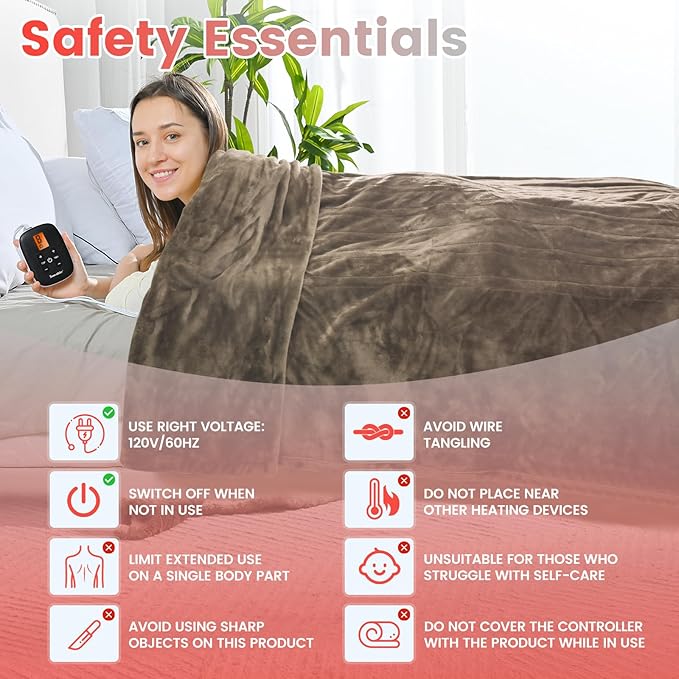 Sunable Heated Electric Blanket - Machine Washable Blanket with Time Settings 10 Heat Settings Queen Size 84×90 inches Taupe -Velvet