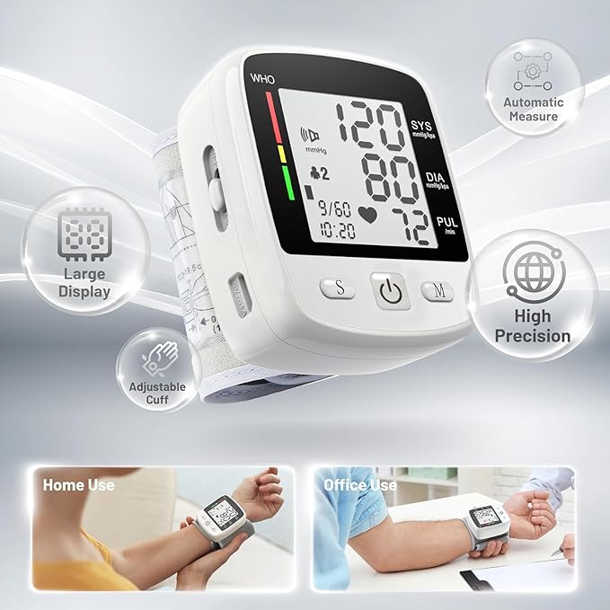Blood Pressure Monitor Digital Wrist BP Machine Automatic Adjustable Cuff ( 5.3 to 7.7 in) with 2 Users 180 Memory Voice Broadcast Large LCD Display USB Charging Cable Carrying Case