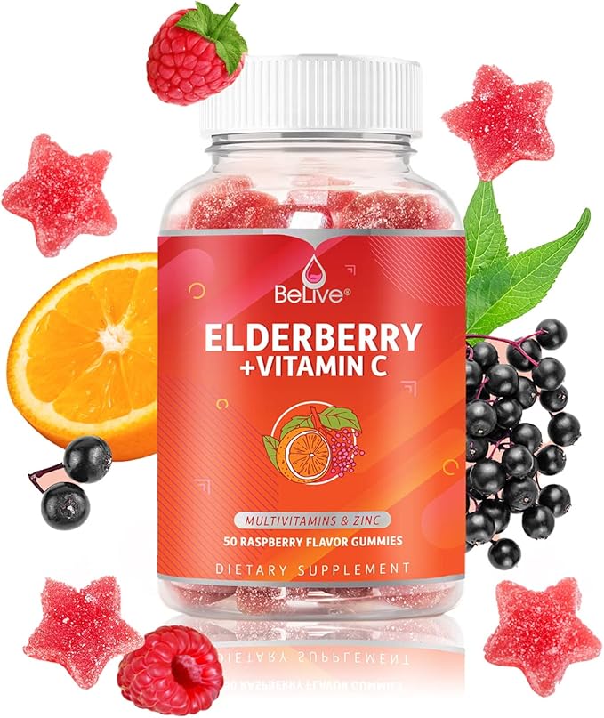 BeLive Elderberry Gummies with Vitamin C - Double Strength Elderberries Extract - Zinc, Multivitamins, B-Complex - for Immune Support Vitamins, Raspberry Flavor (250 Ct - 5 Packs)