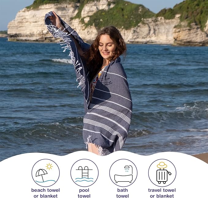 Turkish Beach Towels, Pack of 4 | Oversized, Quick Dry, Sand Free | 100% Cotton, Large 38x71 Towels for Beach, Pool, Travel | Ultra-Soft, Compact, and Absorbent | Navy