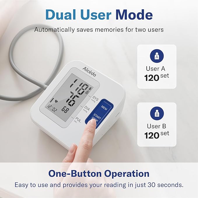 Alcedo Blood Pressure Monitor for Home Use, Automatic Upper Arm BP Machine with Large Cuff 8.7" -16.5", 2X 120 Memory