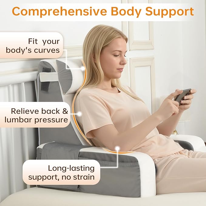 Vekkia 21" Reading Pillow with Adjustable Arms & Headrest – Zoned Foam Support, XL Side Pockets, Removable Cover, Back Support Chair for Reading, Gaming, Post-Surgery Recovery in Bed or Floor