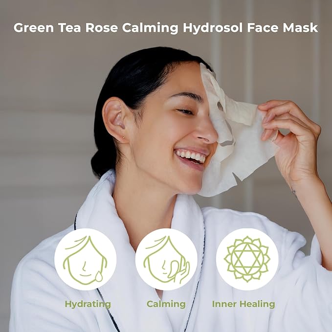INNA ORGANIC Sheet Mask - Calming & Soothing, EWG & COSMOS Certified (Pack of 5) | Green Tea & Rose Infused Skin Care | Luxury Clean Beauty