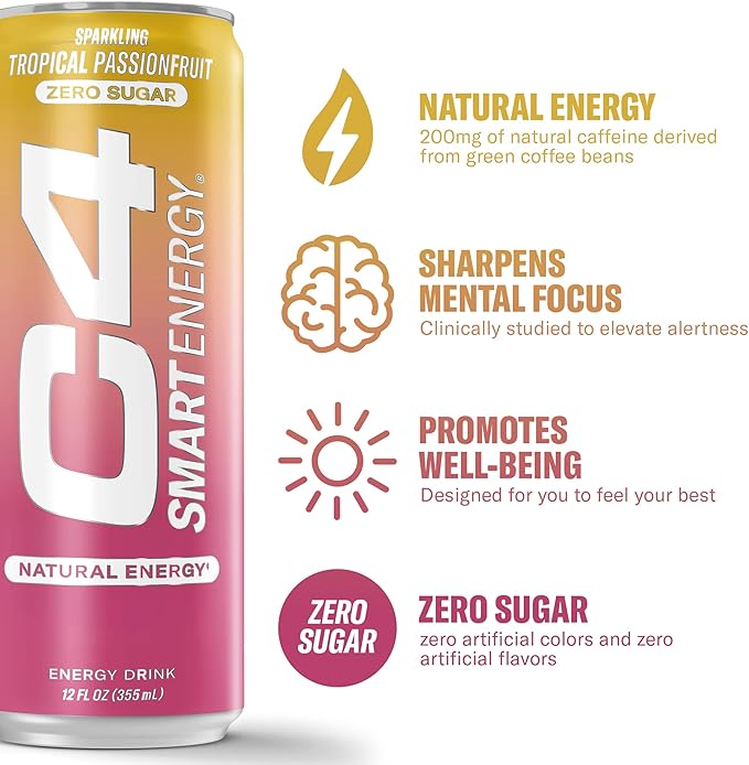 Cellucor C4 Smart Energy Drink - Sugar Free Performance Fuel & Nootropic Brain Booster, Coffee Substitute or Alternative | Tropical Passionfruit 12 Oz - 12 Pack