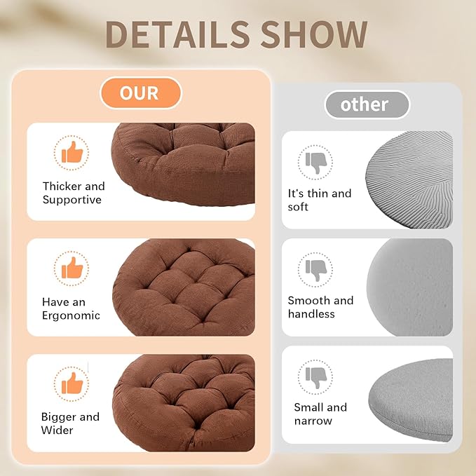 Meditation Floor Pillow, Round Floor Cushions for Adults, Button Tufted Seat Cushions for Yoga Tatami Living Room, Brown, 22 x 22 x 4 in