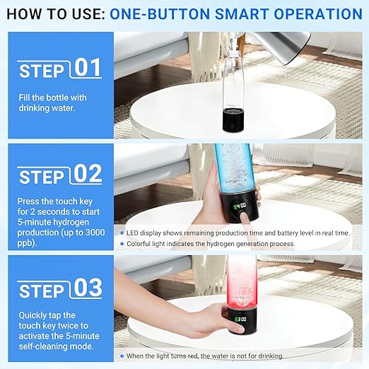 Hydrogen Water Bottle, 3000PPB Portable Hydrogen Water Ionizer Machine, Rechargeable Hydrogen Water Bottle Generator,with SPE & PEM, Hydrogen Water Cup for Exercise, Travel, Home, Office -Black