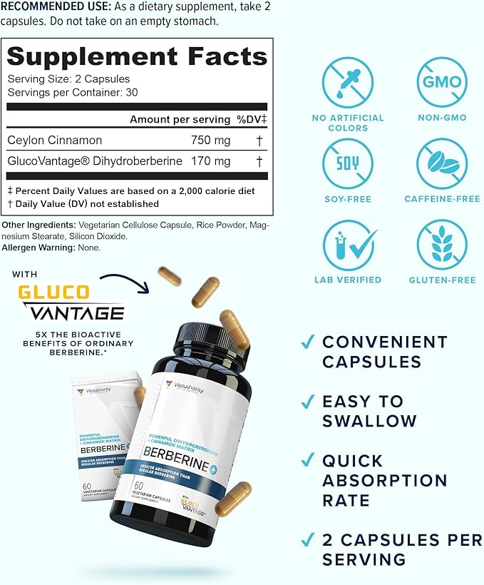 Berberine Supplement Ceylon Cinnamon Supplements Capsules | High Absorption Dihydroberberine, Cinnamon for Balance and Support | Vegan & Gluten Free Powerful AMPk Activator & Antioxidant | 30 Servings