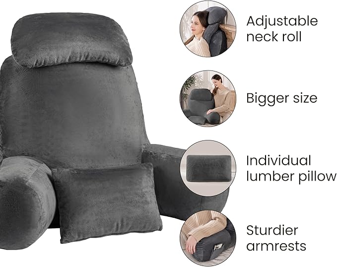 NOONTIDE Reading Pillow for Sitting up in Bed and Couch,32" X-Large Back Pillow for Adult & Teens with Soft Adjustable Neck Roll Backrest Pillow,Washable Cover,Watching TV/Gaming/Relaxing(Darkgrey)