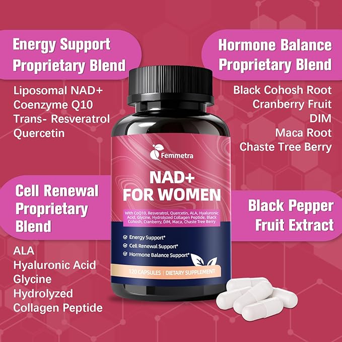 NAD+ Supplements for Women - Liposomal NAD+ with Resveratrol & DIM for Hormone Balance, Cellular Energy & Anti-Aging - 14-in-1 Formula for Renewal - 120 Capsules