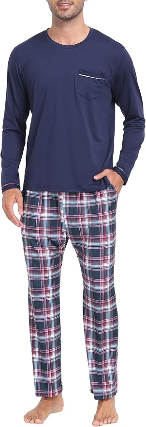 MoFiz Men's Pajamas Plaid Sets Sleepwear Sleep Long Sleeve Shirts and Pants Pajama Set Soft Mens Pjs Lounge Set with Pockets