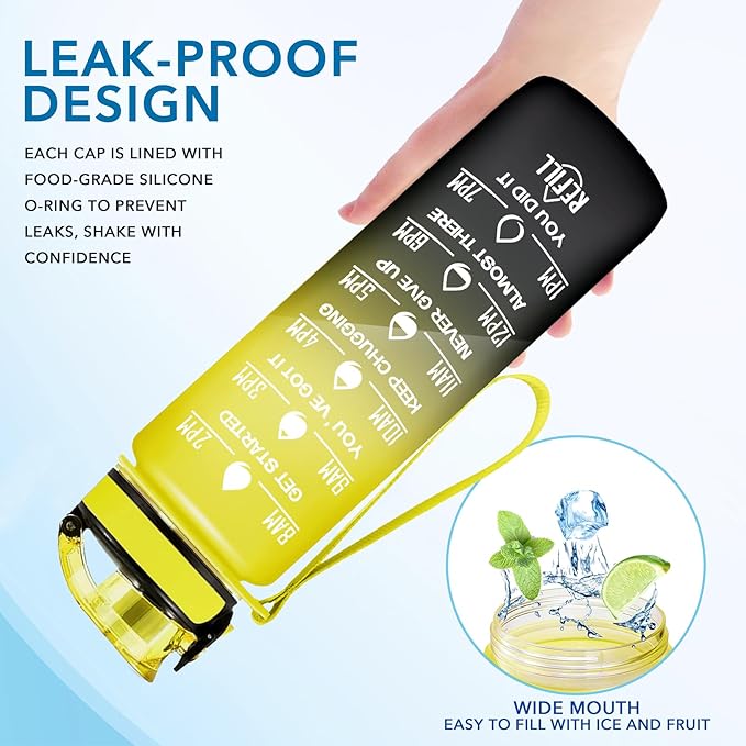 Enerbone Water Bottle, Leakproof BPA & Toxic Free, Motivational Water Bottle with Times to Drink and Straw, Fitness Sports Water Bottle with Strap for Office, Gym, Outdoor Sports