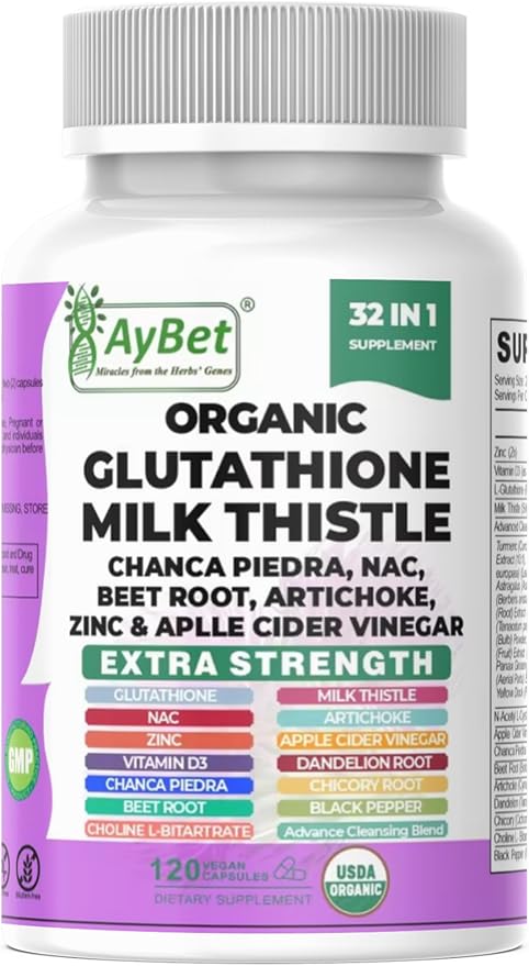 Glutathione NAC Milk Thistle Supplement | Liver Health Support | 32-in-1 Herbal Antioxidant Formula with Chanca Piedra, Turmeric, Dandelion Root, Beet Root & Zinc | Halal Vegan Organic Daily Wellness