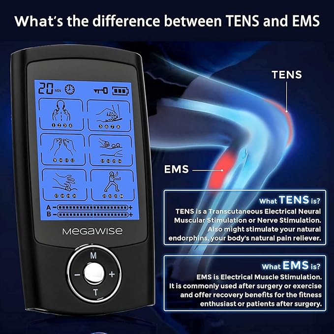 MegaWise 48 Modes(24 * 2) Dual Channel EMS TENS Unit Muscle Stimulator with 14Pcs Reusable Electrode Pads. Rechargeable Continuous Mode Electronic Pulse Massager with Storage Pouch/Pads Holder