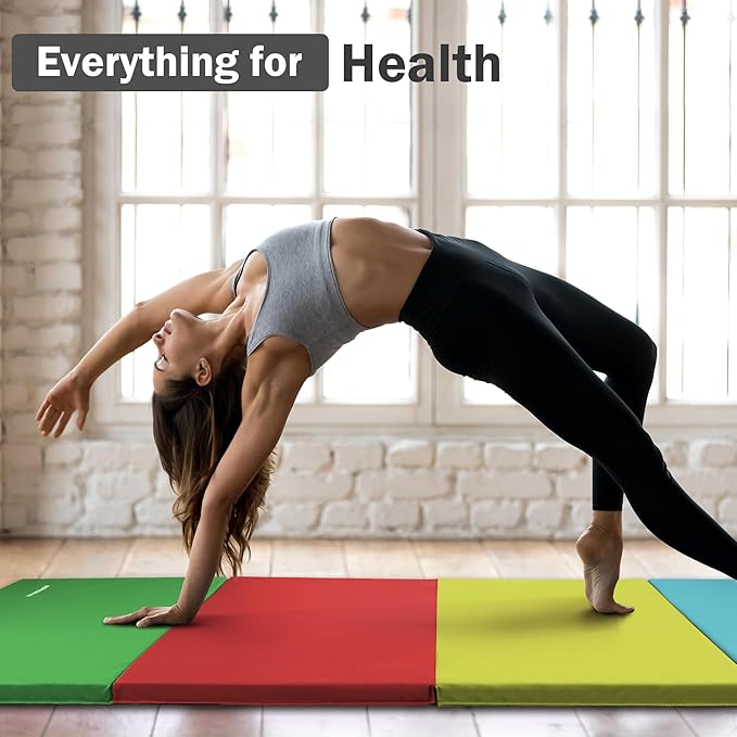 Folding Exercise Gymnastics Mat, 4'x8'x2" Gym Workout Mat with Carrying Handles 4-Fold High-Density Anti-Tear Portable Fitness Aerobics Mat for Home Gym Yoga Pilates Tumbling MMA Core Training
