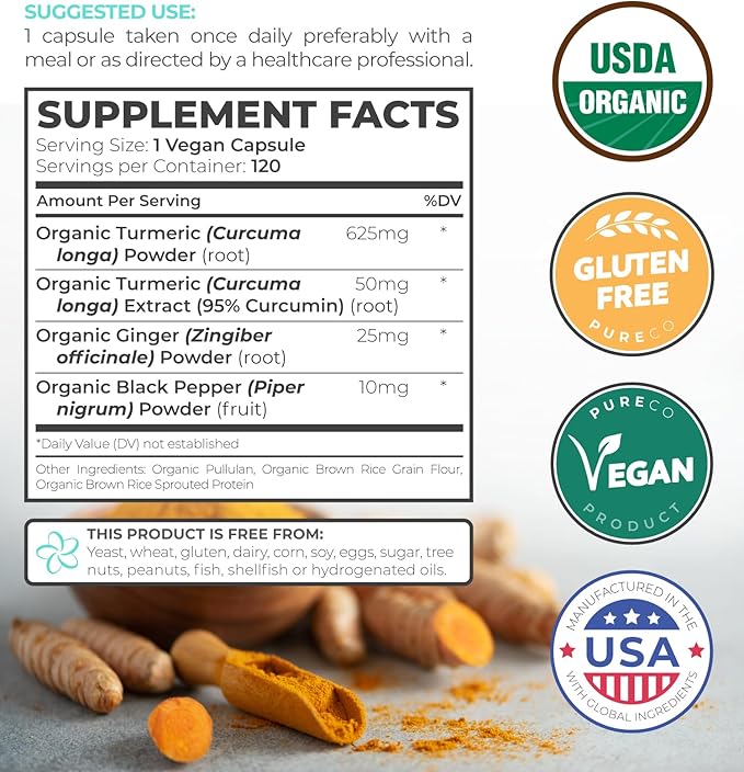 Organic Turmeric Ginger Black Pepper Supplement - High Potency Organic Turmeric Curcumin Capsules with Ginger & Black Pepper for Enhanced Benefits and Absorption - Vegan & Non-GMO (2 Month Supply)