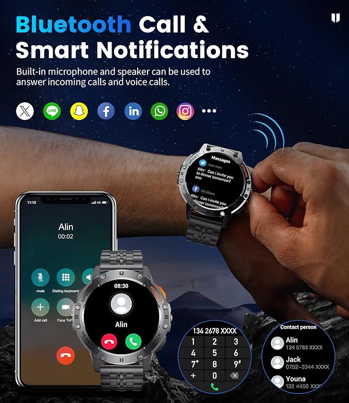 LIGE 1.43" AMOLED Smart Watch for Men with Flashlight, Bluetooth Calling, 100+ Sport Modes, 530mAh, IP68 Waterproof Fitness Tracker for Workout, iOS Android Compatible, Black Steel Leather