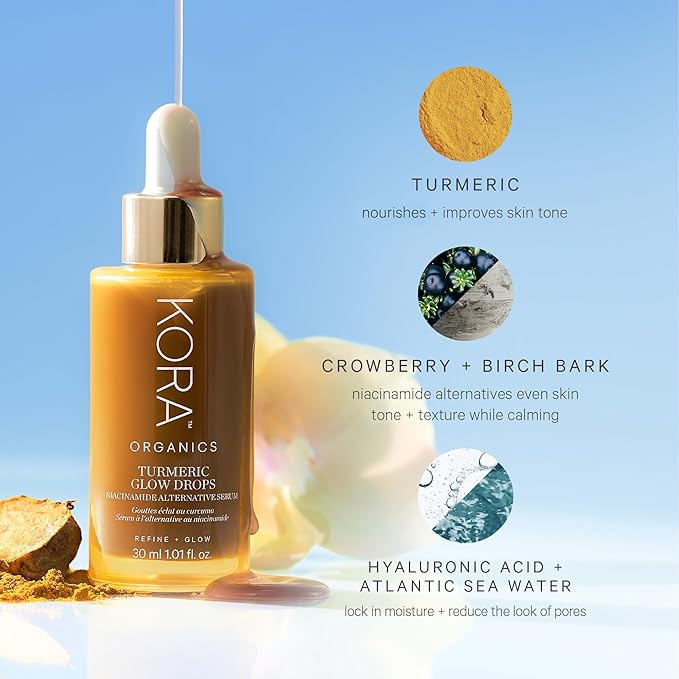 KORA Organics Turmeric Glow Drops, Niacinamide Alternative Face Serum for Radiance, Texture and Pore Appearance, Certified Organic, Vegan, 1.01 fl oz
