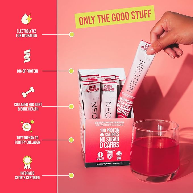 NEOTEIN: Electrolyte Powder Packets, Protein Powder with 10g Protein & Collagen | Hydration Packets - Zero Sugar, NO Fillers, NO Carbs | Cherry Passionfruit | 45 Calories | Keto & Paleo | Pack of 15