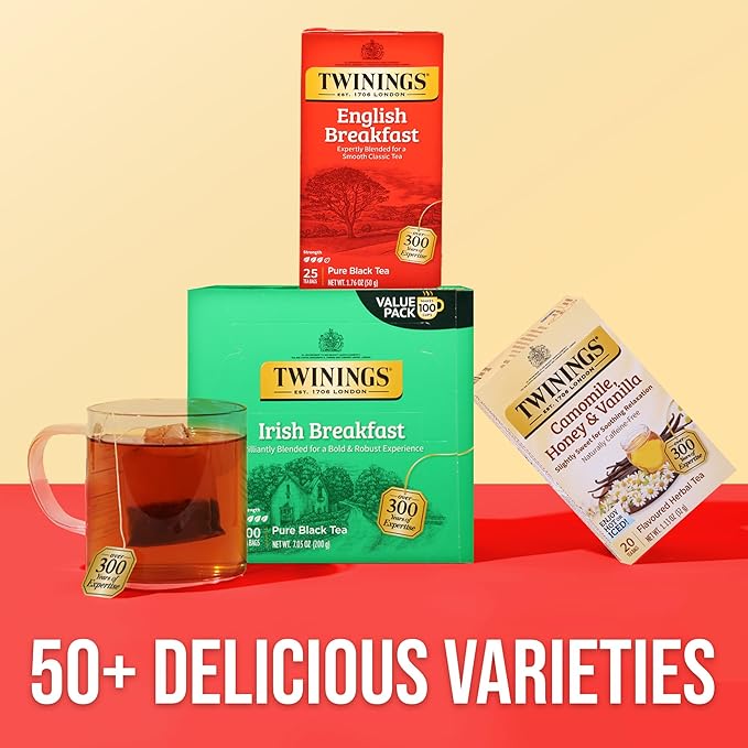 Twinings English Breakfast Black Tea Individually Wrapped Bags, 25 Count (Pack of 6), Flavourful, Robust Black Tea, Caffeinated, Enjoy Hot or Iced, 150 Teabags