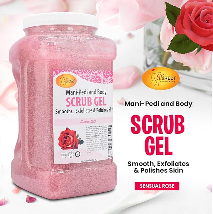 SPA REDI – Sensual Rose Pumice Scrub Gel, Exfoliating, Hydrating & Nourishing, Infused with Hyaluronic Acid, Amino Acids, Panthenol and Comfrey Extract for Glowy Smooth Skin – 128oz Gallon