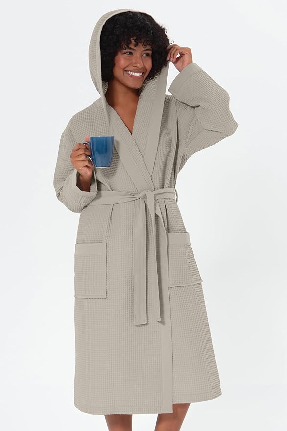 SEYANTE Womenโs Luxury Waffle Shawl Collar, Hooded Robe w Piping โ Lightweight, Long, Ultra Soft Spa Sleepwear Bathrobe