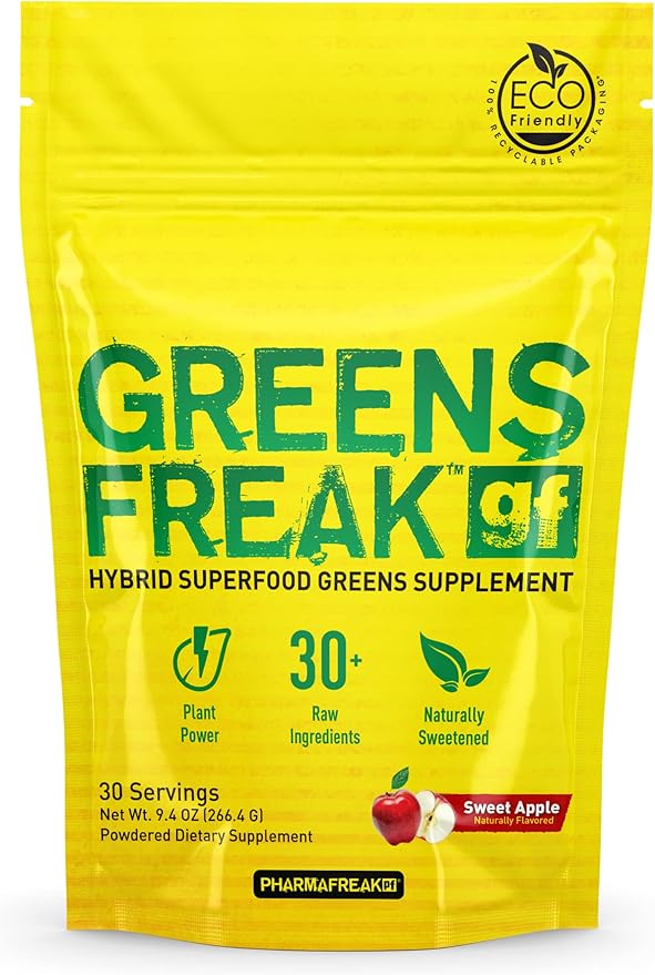Pharmafreak Greens Freak β Superfood Greens Powder with Spirulina, Chlorella & 30+ Raw Ingredients β Sweet Apple Flavor β Detox, Immunity & Digestion Support β 30 Servings β Eco-Friendly Pouch