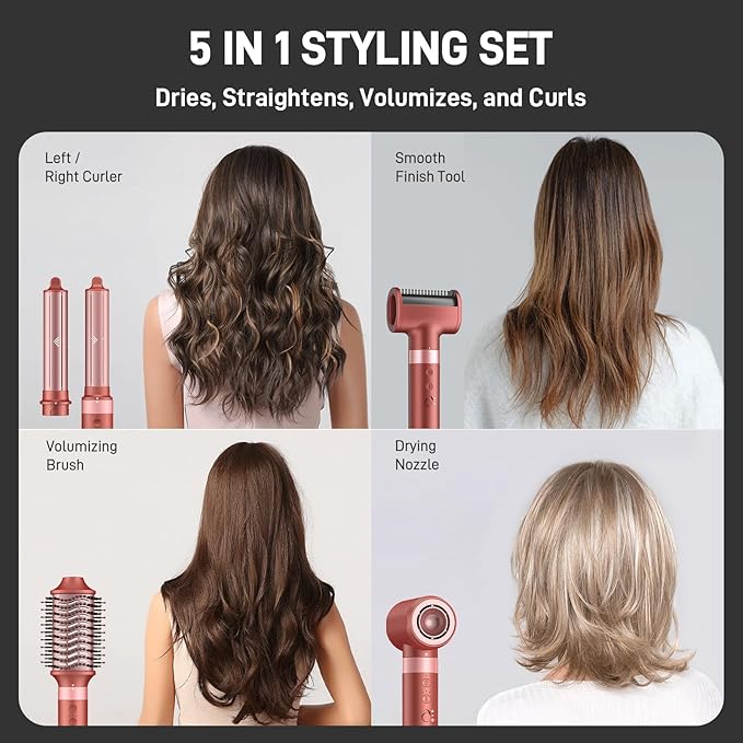 5 in 1 High-Speed Hot Air Styler - Professional Frizz-Free Hair Dryer Brush, Fast Drying Hair Dryer, No Heat Damage Air Styler Wrap - Curl, Volumize, Straighten with Travel Bag