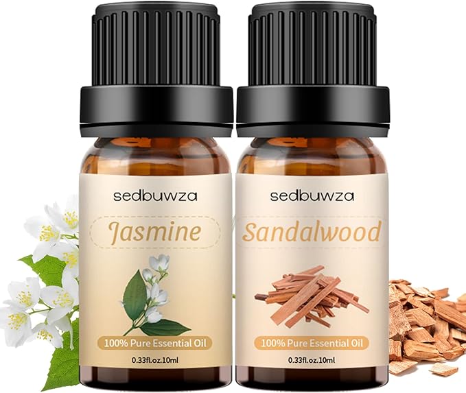 Sedbuwza Sandalwood Jasmine Essential Oil Set, Sandalwood Fragrance Oil Jasmine Scent Oil Set for Diffuser, Aromatherapy, Massage, Soap, Candle Making 2 x 10 ml