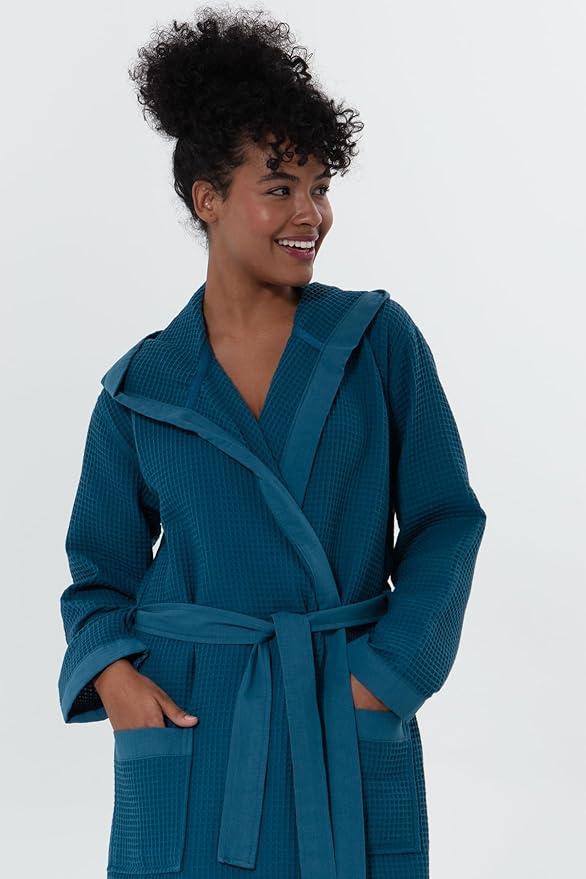 SEYANTE Women’s Luxury Waffle Shawl Collar, Hooded Robe w Piping – Lightweight, Long, Ultra Soft Spa Sleepwear Bathrobe