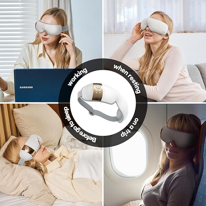 HubiCare Eye Massager with Heat, Vibration, and Music Helps Relieve Strain, Dark Circles, Dryness, and for Migraine Relief Relaxation and Better Sleep Gifts for Women/Men (White)