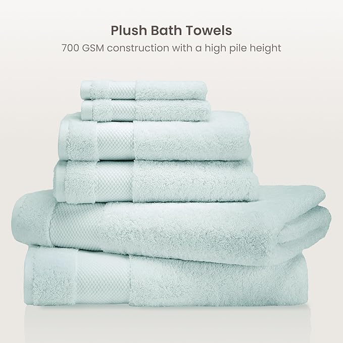 BIOWEAVES 100% Organic Cotton 700 GSM Plush 6-Piece Towel Set GOTS Certified, 2 Bath Towels, 2 Hand Towels & 2 Washcloths - Seafoam