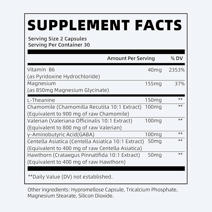 Magnesium Glycinate 850mg Capsules with L-Theanine, Chamomile & GABA for Sleep, Calmness, Muscle, Bone Health & Immune Support, Magnesium for Women and Men, Vegan, High-Absorption, 60 Count