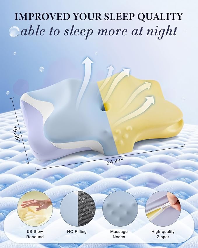 Cervical Pillow for Neck Pain Relief, Cooling Ergonomic Memory Foam Pillows for Sleeping with Luxury Anti-pilling Pillowcase, Contour Orthopedic Neck Support Pillow for Side Back Stomach Sleepers-Blue