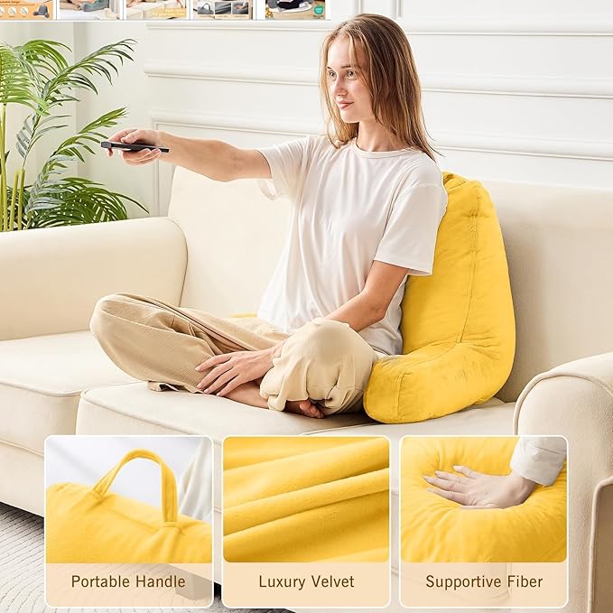 Sasttie Reading Pillow, Velvet Back Pillow for Bed Sitting Up, Adult Back-Rest Support Cushion with Arms for Sit Up on Couch, Sofa, and Floor, Dorm Essentials, Reading Accessories, Yellow