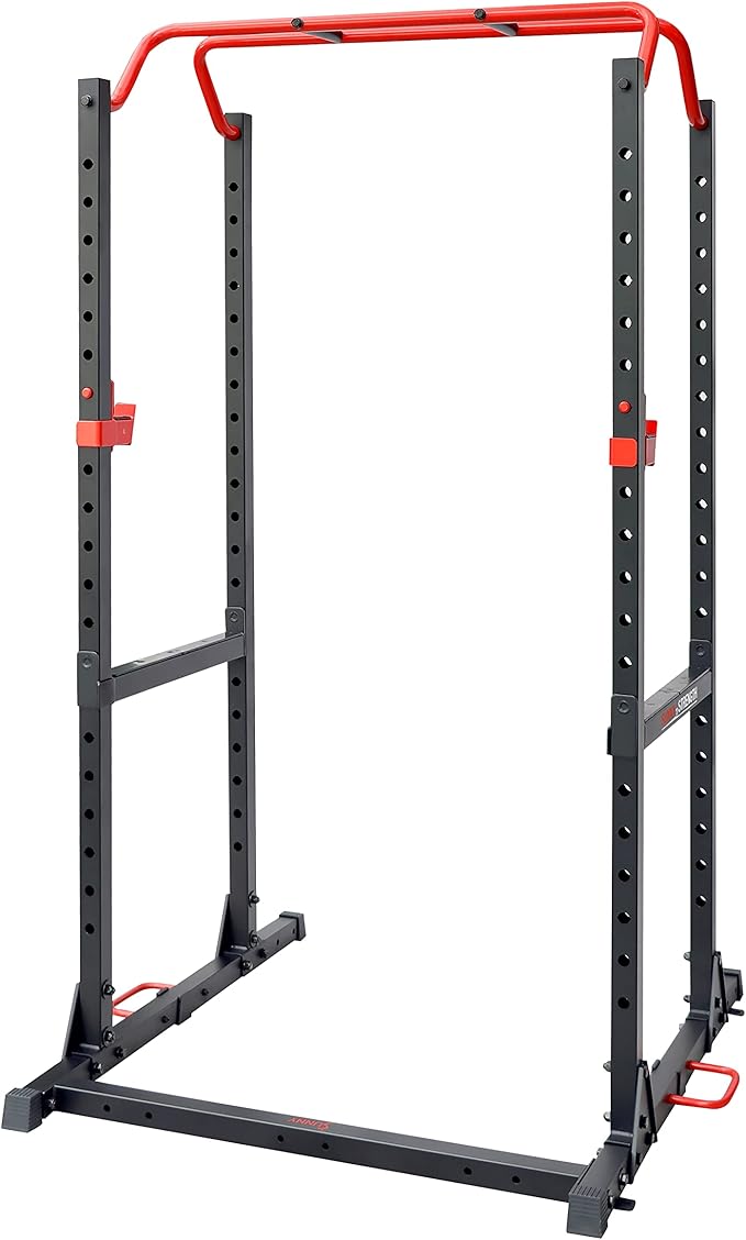 Sunny Health & Fitness Power Cage and Squat Rack In High Weight Capacity with J-Hooks, Adjustable Pull Up Bar, Weight Plate Holders, Resistance Band Posts