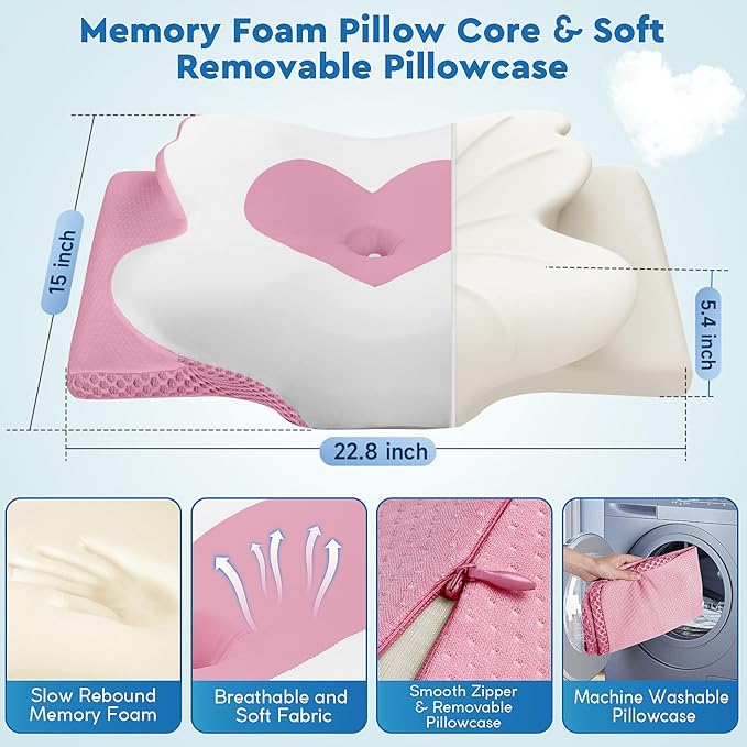 Cervical Neck Pillow, Memory Foam Neck Support Pillows for Sleeping, Shoulder Pillow for Side Sleepers, Back Stomach Sleepers, CertiPUR-US Certified, Standard Size, Pink